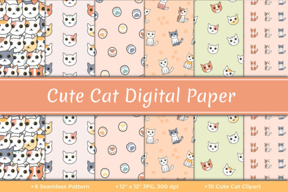 Cute Cat Seamless Pattern and Cute Cats Digital Paper for Creative Projects
